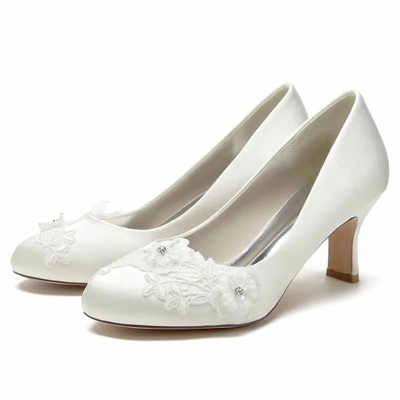 Bride Wedding Shoes Bridesmaid Closed Toe Round Toe White Ivory Satin Pumps