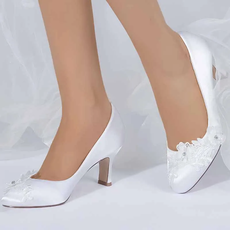 Bride Wedding Shoes Bridesmaid Closed Toe Round Toe White Ivory Satin Pumps