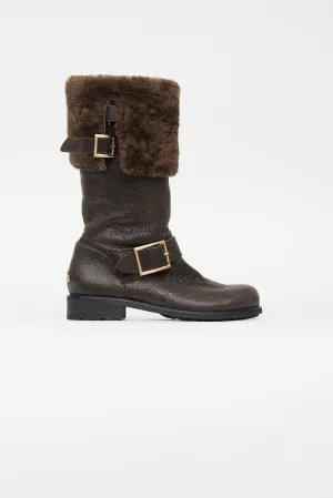 Brown Leather Shearling Biker Boot