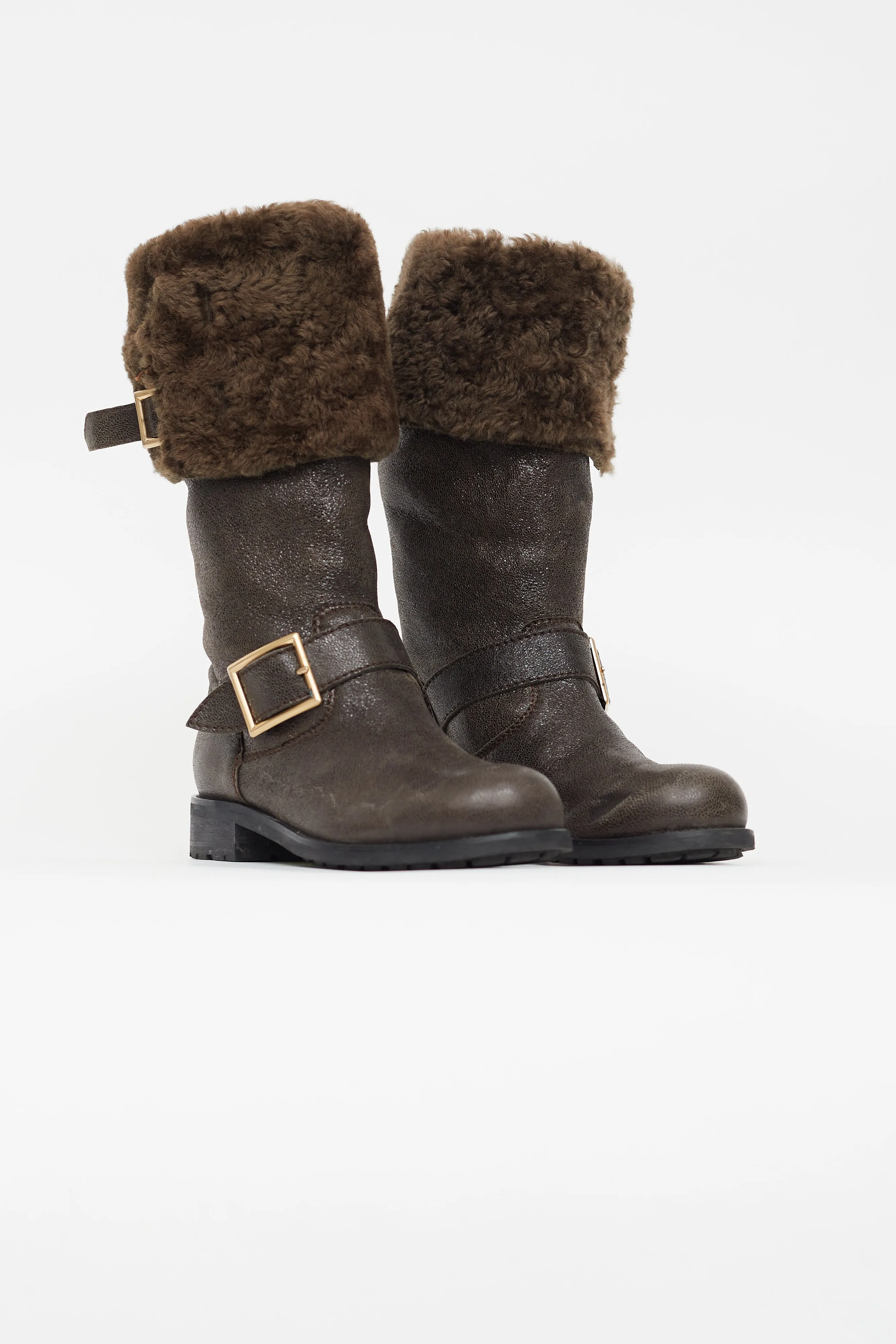 Brown Leather Shearling Biker Boot