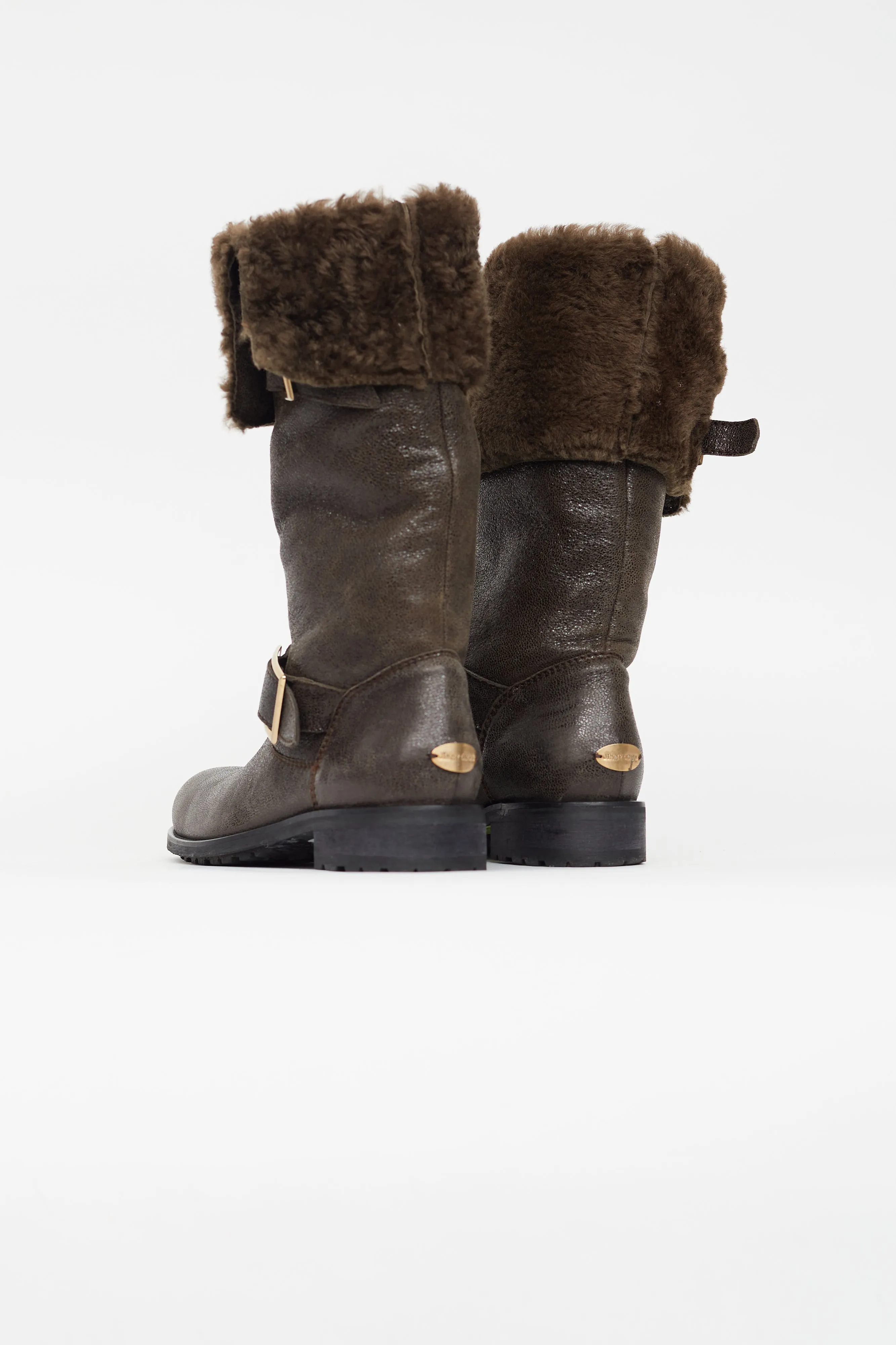 Brown Leather Shearling Biker Boot