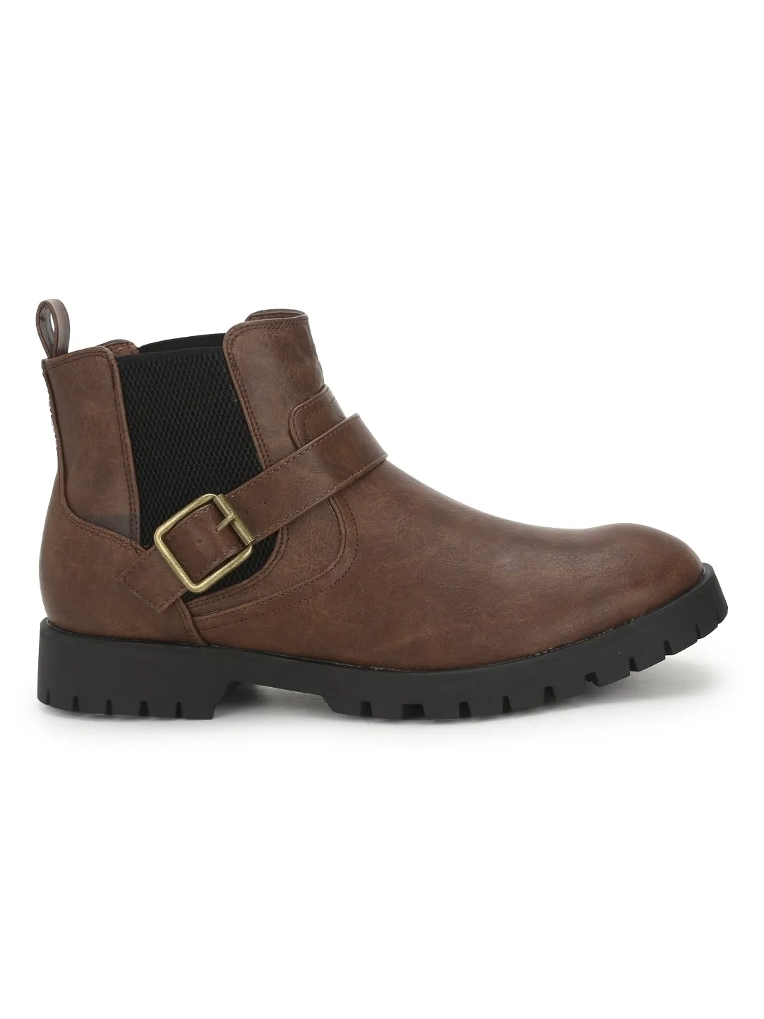 Brown PU Buckle Men Boots