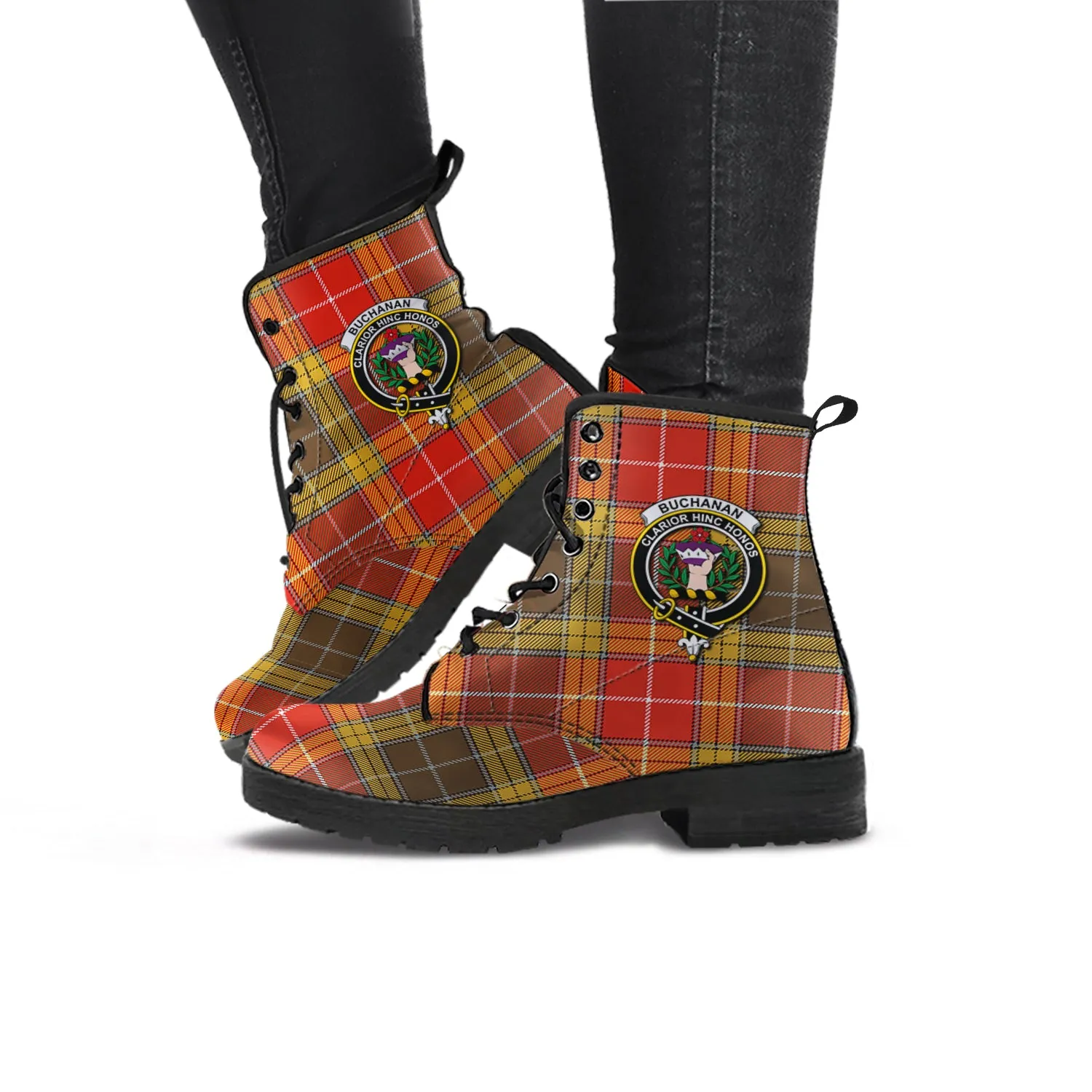 Buchanan Old Set Weathered Tartan Leather Boots with Family Crest