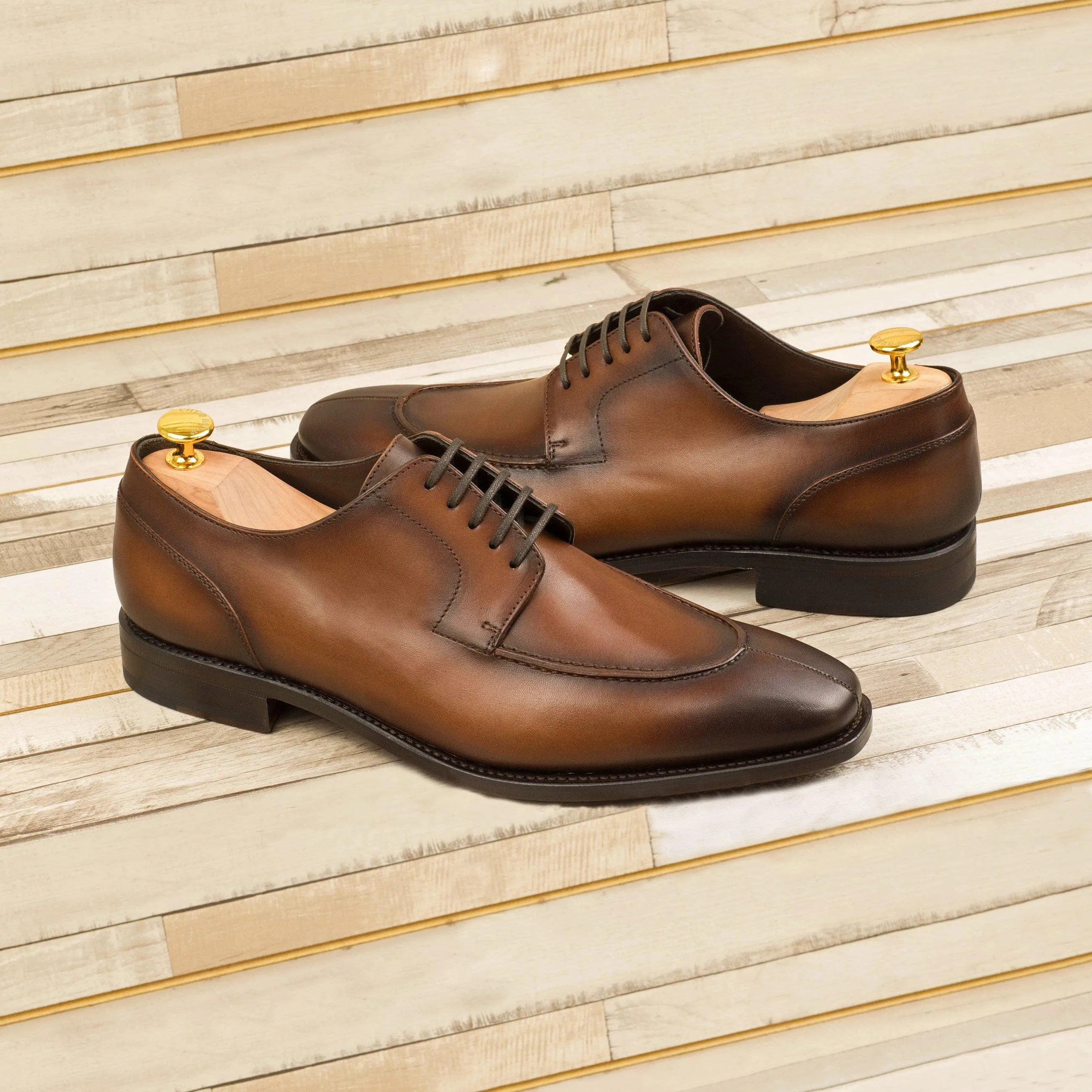 Burnished Brown Leather Split-Toe Derby Shoes