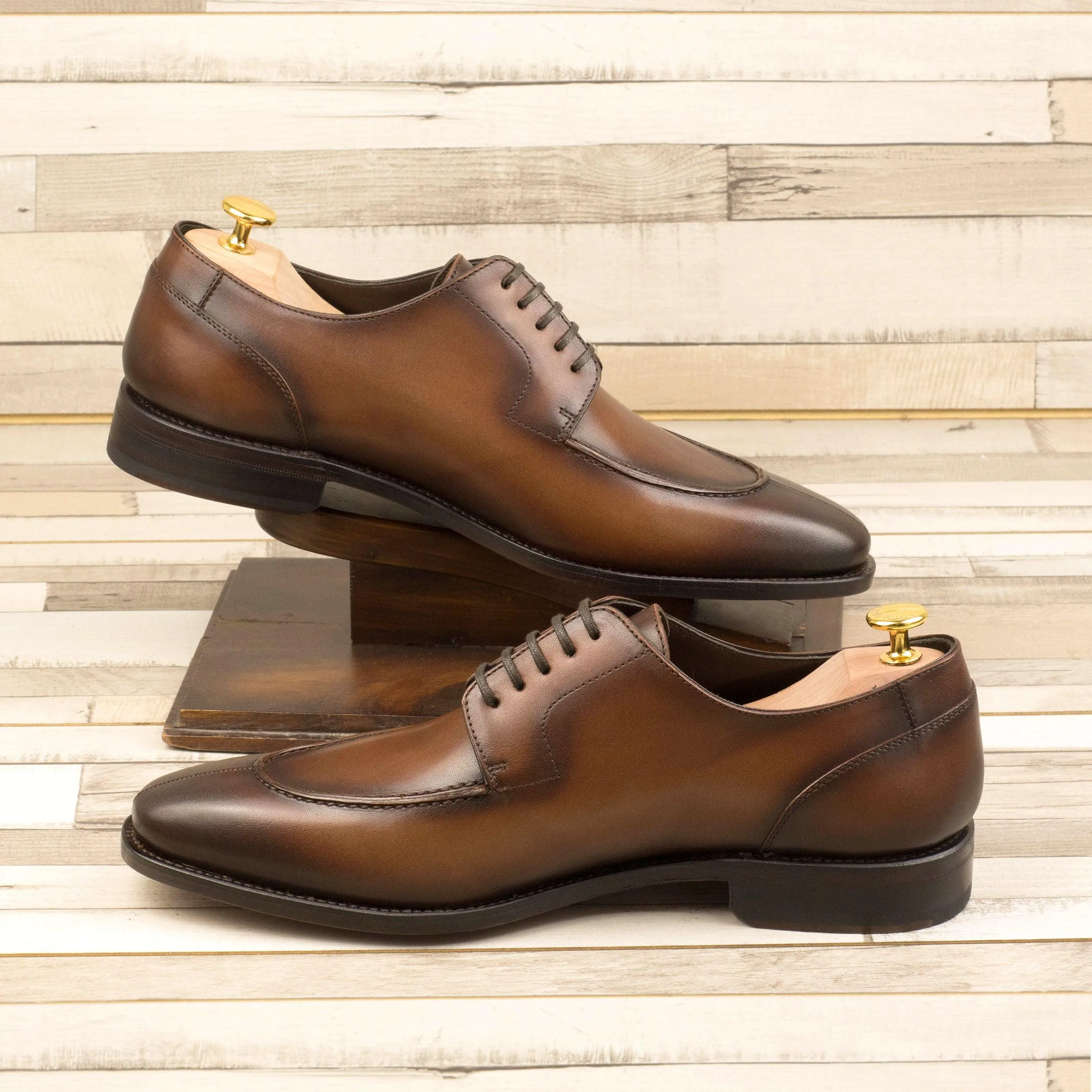 Burnished Brown Leather Split-Toe Derby Shoes