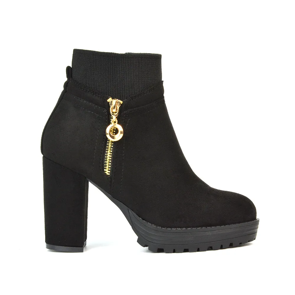 Caitlin Platform Block High Heel Zip Up Sock Ankle Boots in Black Faux Suede