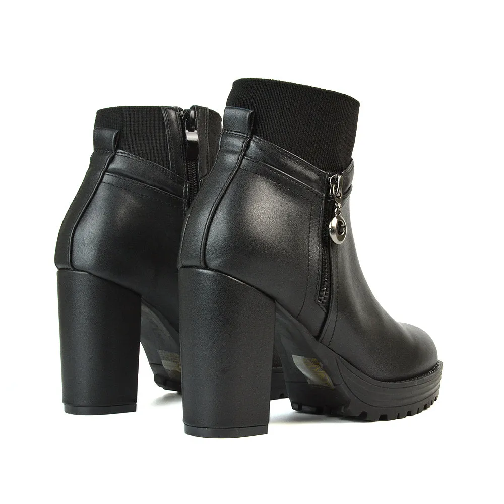 Caitlin Platform Block High Heel Zip Up Sock Ankle Boots in Black Faux Suede