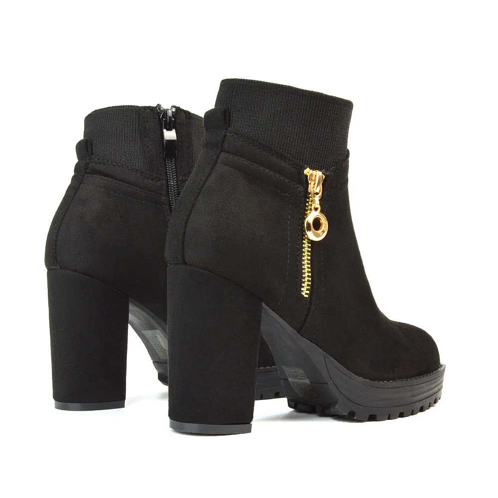 Caitlin Platform Block High Heel Zip Up Sock Ankle Boots in Black Faux Suede