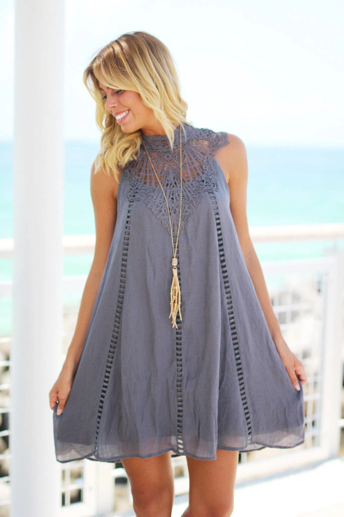 Charcoal Crochet Short Dress