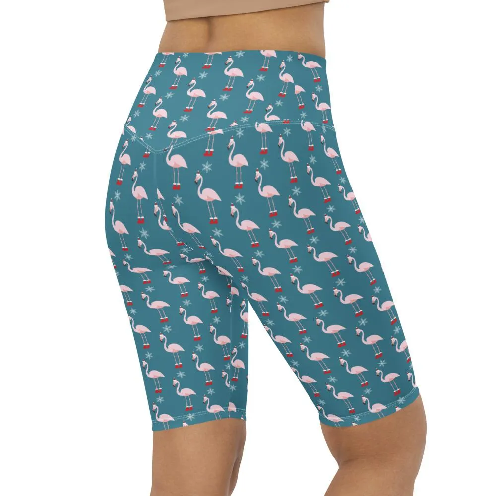 Christmas Flamingo Patterned Bike Shorts