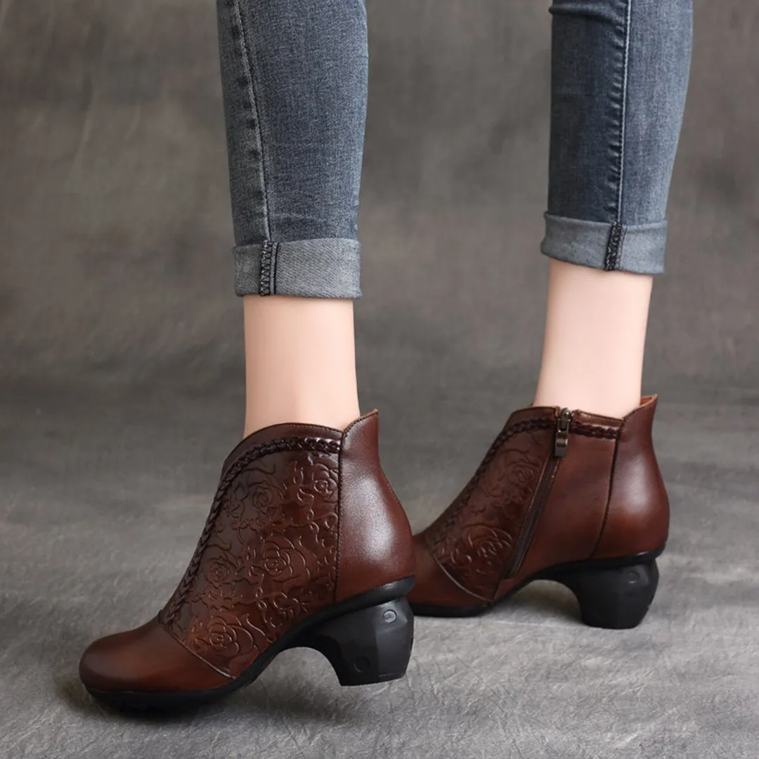 Chunky Heels Embossed Leather Biker Boots