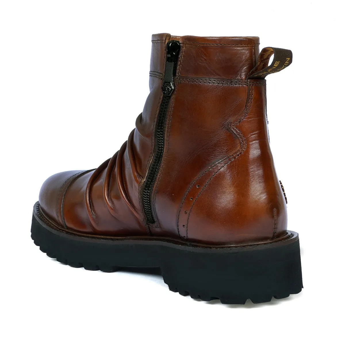 Cognac Leather Pleated Lightweight Chunky Biker Boots by Brune & Bareskin