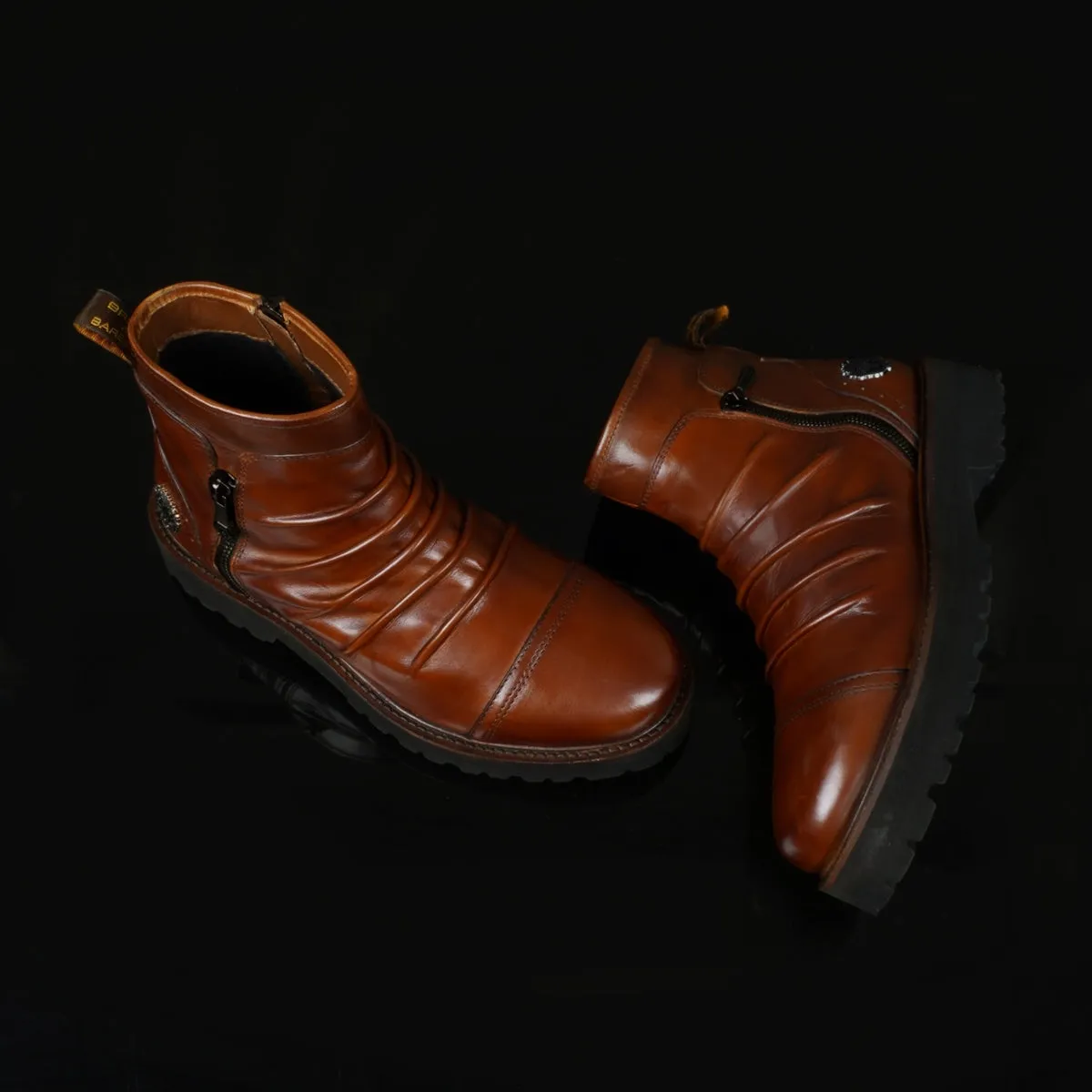 Cognac Leather Pleated Lightweight Chunky Biker Boots by Brune & Bareskin