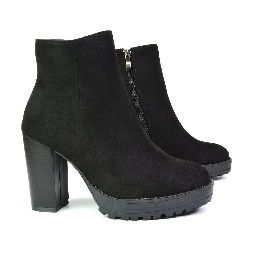 Cole Chunky Biker Block Heeled Platform Sock Ankle Boots in Black Synthetic Leather