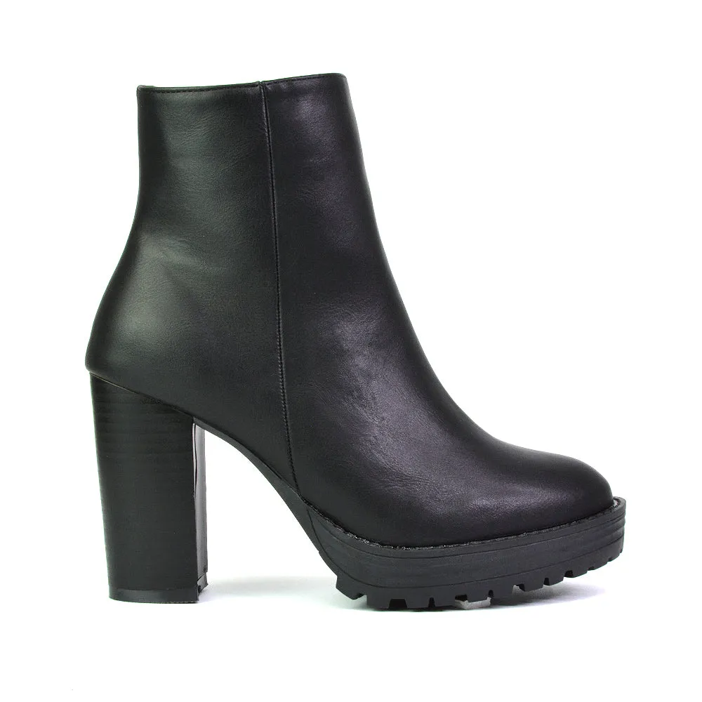 Cole Chunky Biker Block Heeled Platform Sock Ankle Boots in Black Synthetic Leather