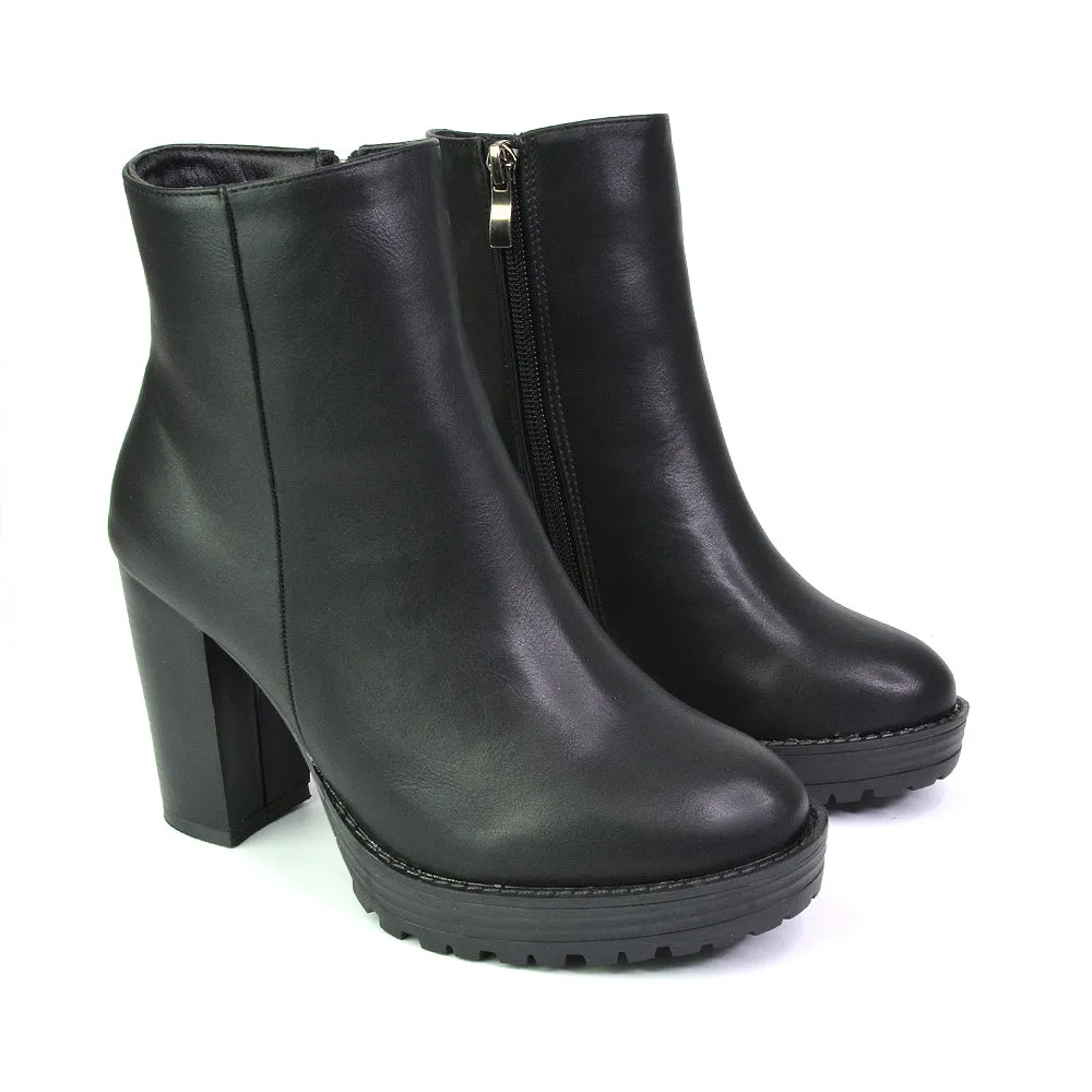 Cole Chunky Biker Block Heeled Platform Sock Ankle Boots in Black Synthetic Leather