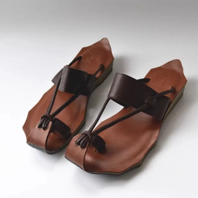 Cowhide Leather Sandals Wave Edge Sole Split Toe Slippers