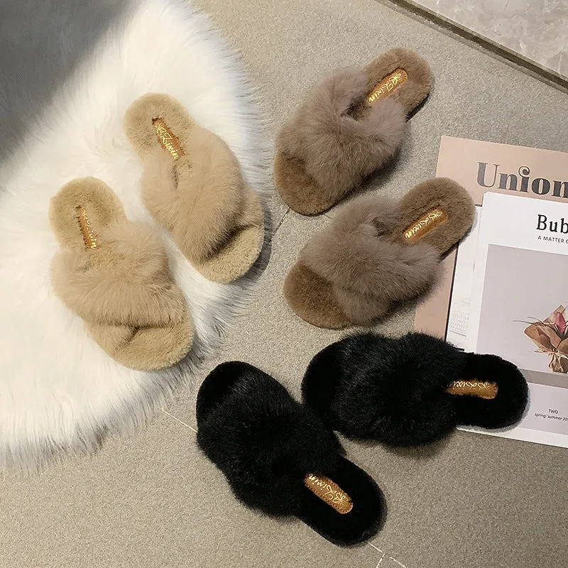 Cross fur slippers