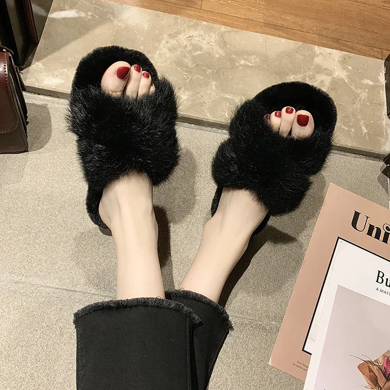 Cross fur slippers