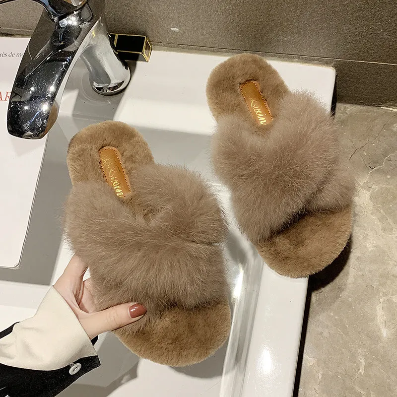 Cross fur slippers