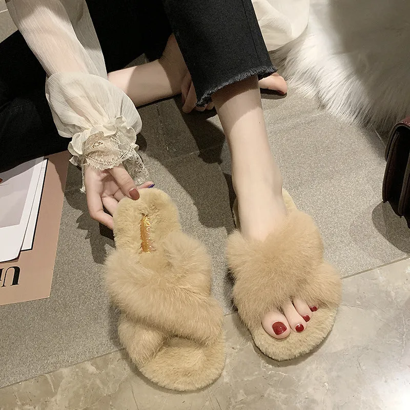 Cross fur slippers