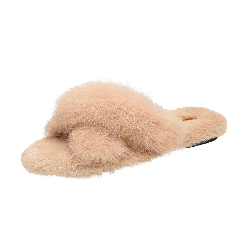 Cross fur slippers