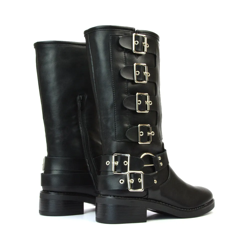 Danni Chunky Block Heel Buckle Up Biker Boots with Inside Zip in Black Synthetic Leather