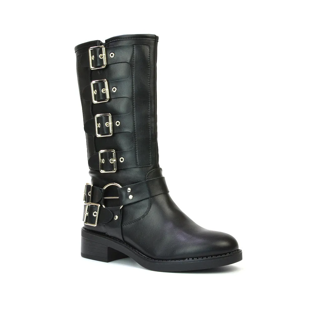 Danni Chunky Block Heel Buckle Up Biker Boots with Inside Zip in Black Synthetic Leather