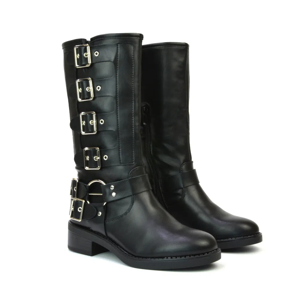 Danni Chunky Block Heel Buckle Up Biker Boots with Inside Zip in Black Synthetic Leather