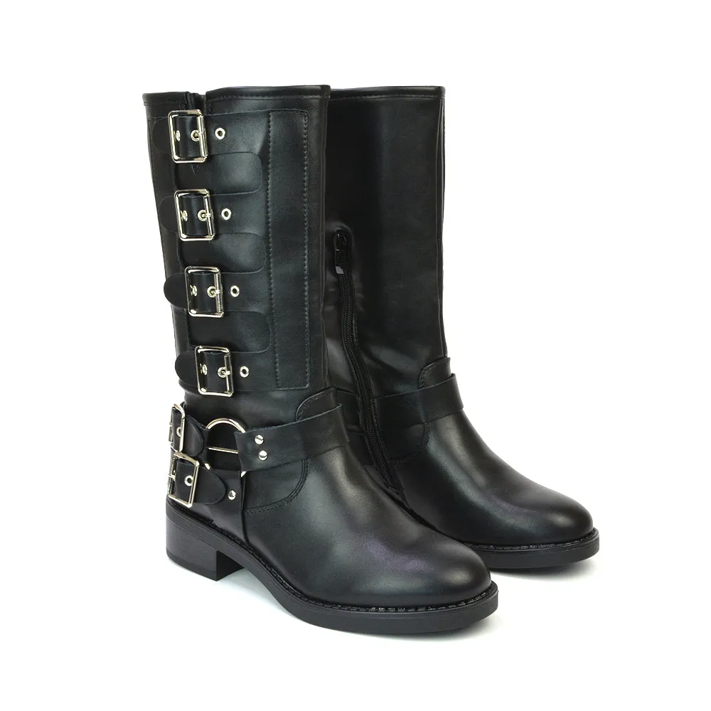 Danni Chunky Block Heel Buckle Up Biker Boots with Inside Zip in Black Synthetic Leather