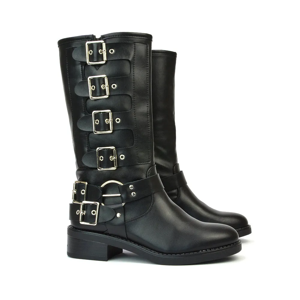 Danni Chunky Block Heel Buckle Up Biker Boots with Inside Zip in Black Synthetic Leather