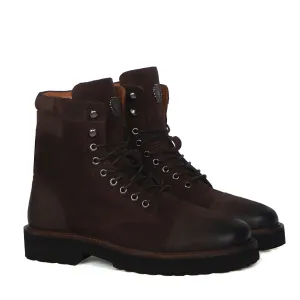 Dark Brown High Neck Biker Boot in Suede Leather Toe and Heal Cap by Brune & Bareskin