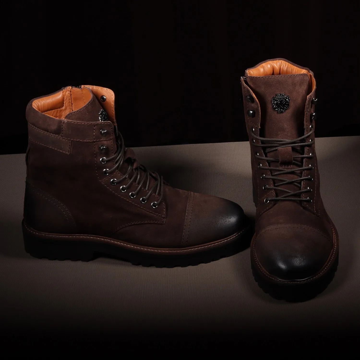 Dark Brown High Neck Biker Boot in Suede Leather Toe and Heal Cap by Brune & Bareskin