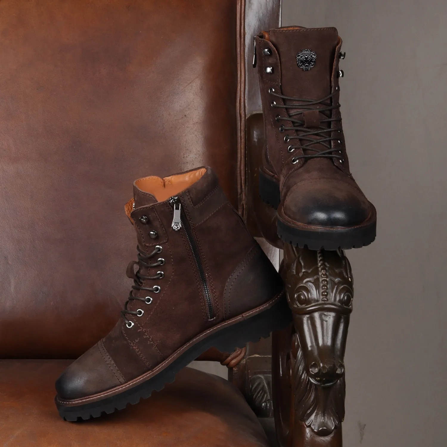 Dark Brown High Neck Biker Boot in Suede Leather Toe and Heal Cap by Brune & Bareskin