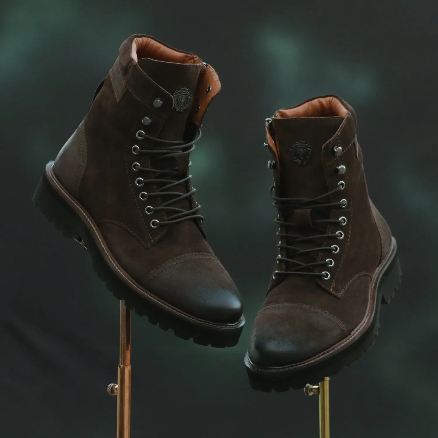 Dark Brown High Neck Biker Boot in Suede Leather Toe and Heal Cap by Brune & Bareskin