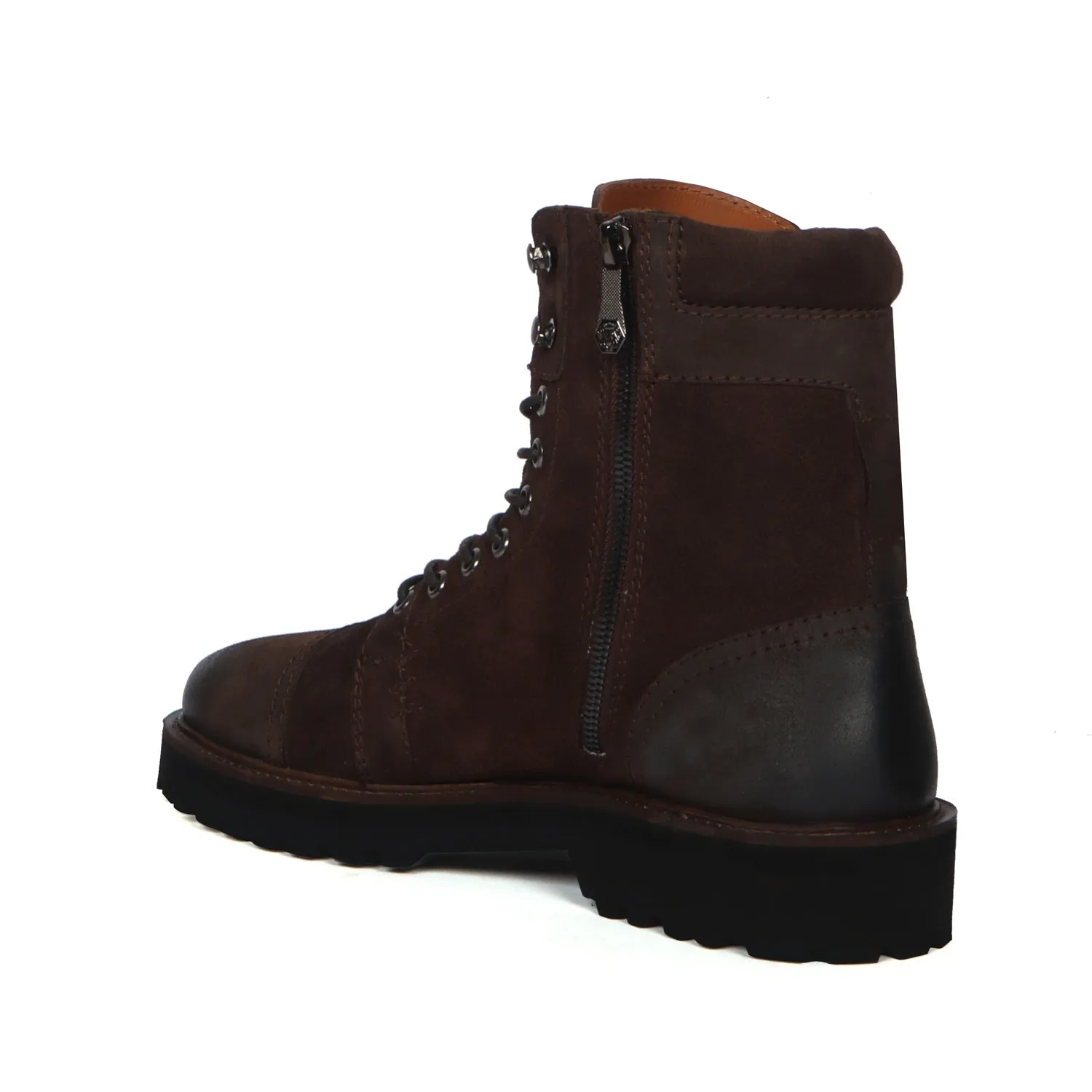 Dark Brown High Neck Biker Boot in Suede Leather Toe and Heal Cap by Brune & Bareskin