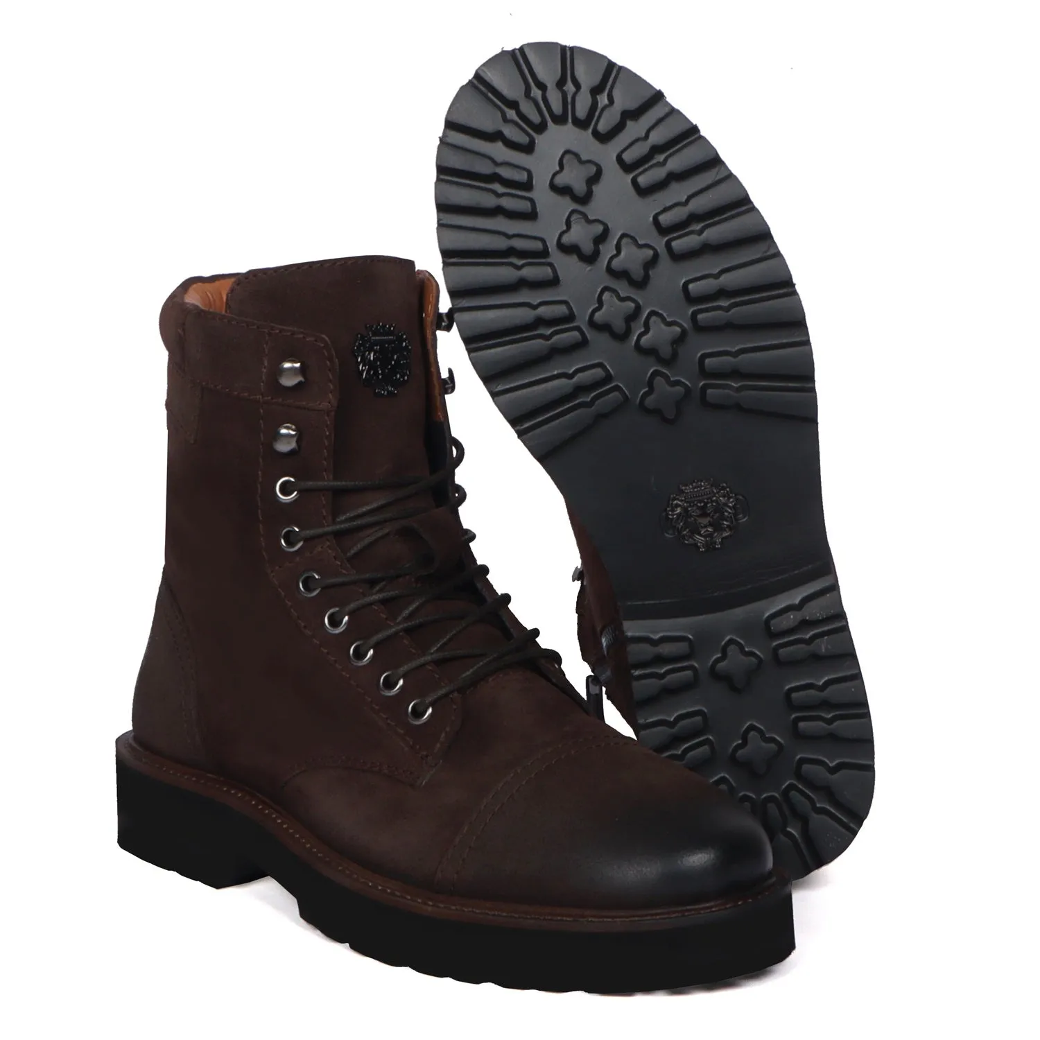 Dark Brown High Neck Biker Boot in Suede Leather Toe and Heal Cap by Brune & Bareskin