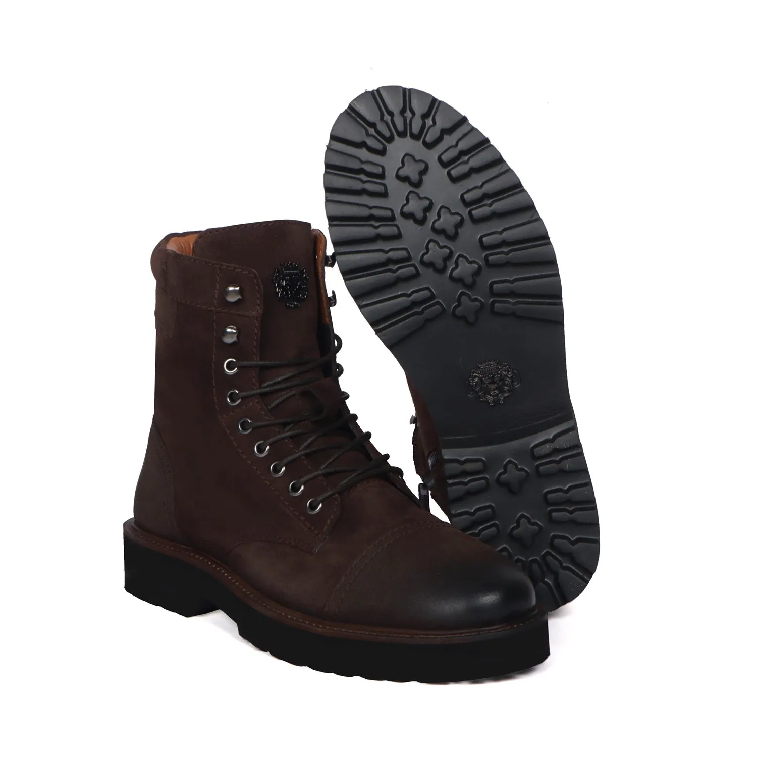 Dark Brown High Neck Biker Boot in Suede Leather Toe and Heal Cap by Brune & Bareskin