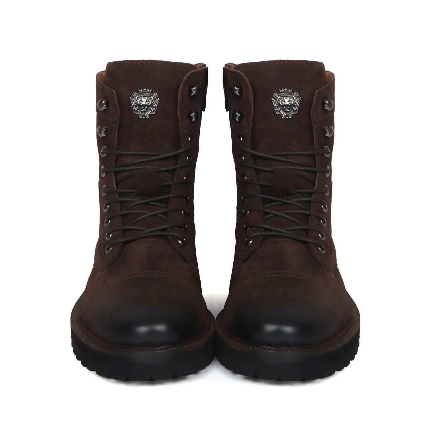 Dark Brown High Neck Biker Boot in Suede Leather Toe and Heal Cap by Brune & Bareskin