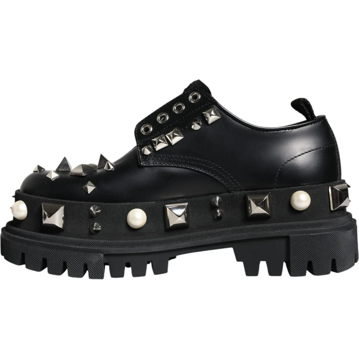 Dolce & Gabbana Black Leather Embellished Derby Formal Shoes