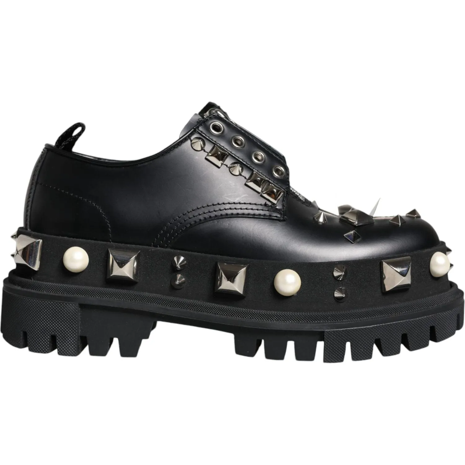 Dolce & Gabbana Black Leather Embellished Derby Formal Shoes