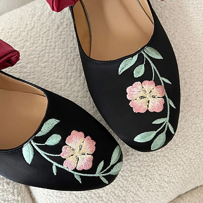 Embroidered Flowers Leather Mary Jane Shoes Flat Sole Silk Bowknot in Yellow/Black