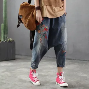 Floral Embroidered Denim Harem Pants