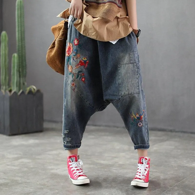 Floral Embroidered Denim Harem Pants