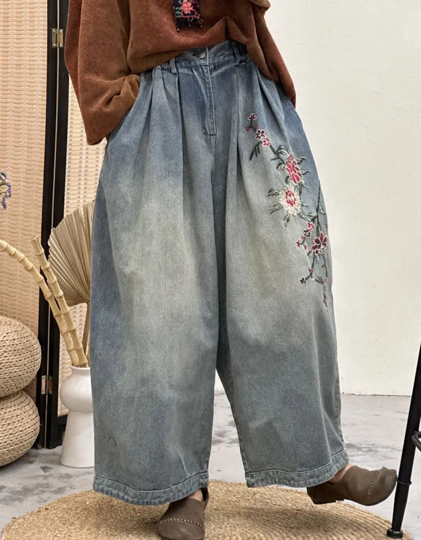 Flower Embroidery Loose Denim Pants for Women