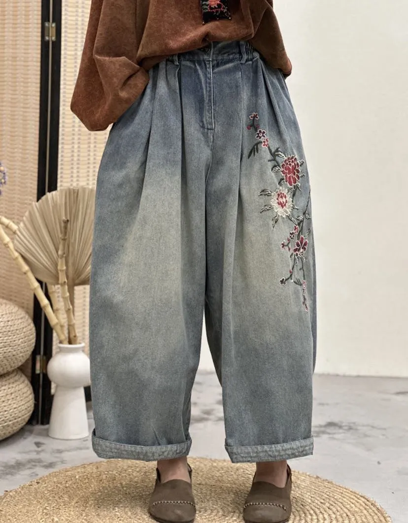 Flower Embroidery Loose Denim Pants for Women