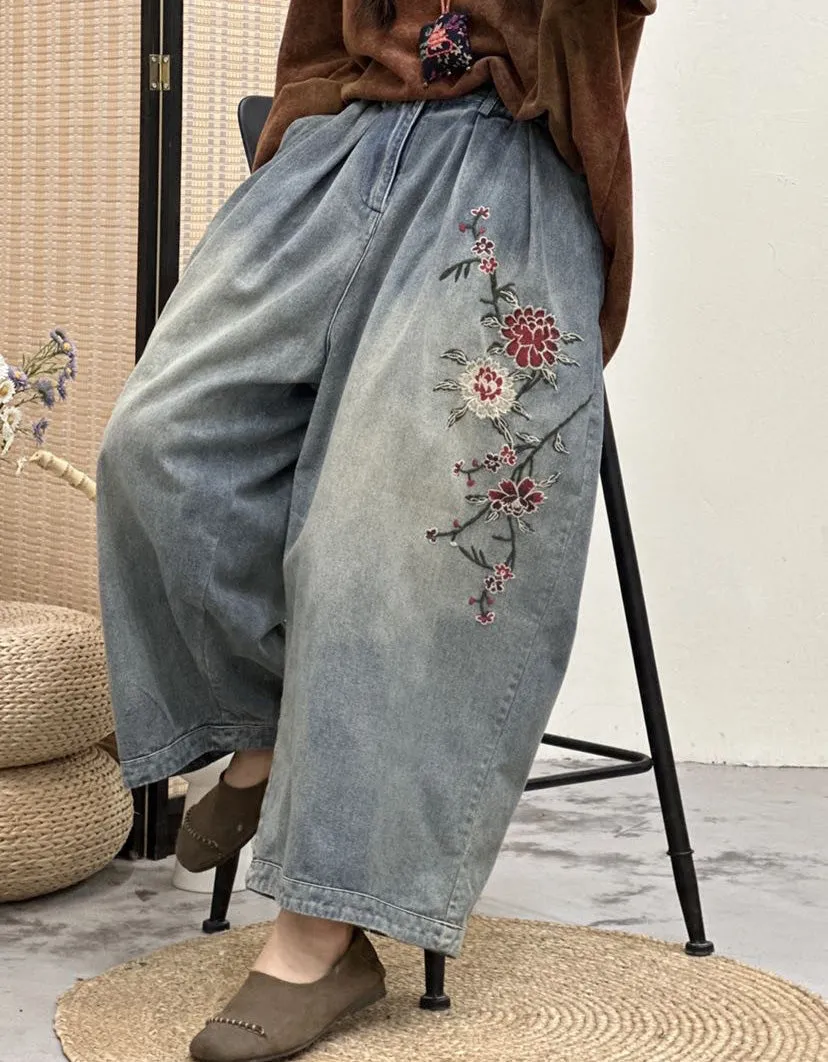 Flower Embroidery Loose Denim Pants for Women