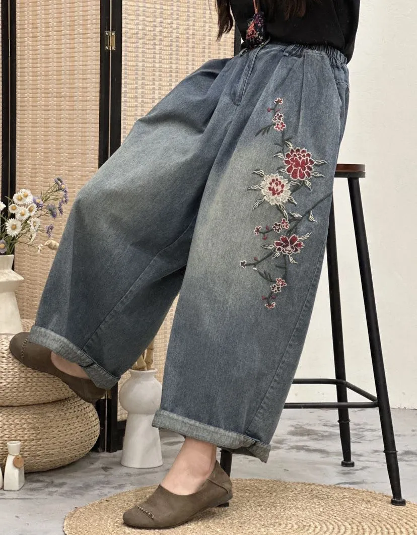 Flower Embroidery Loose Denim Pants for Women