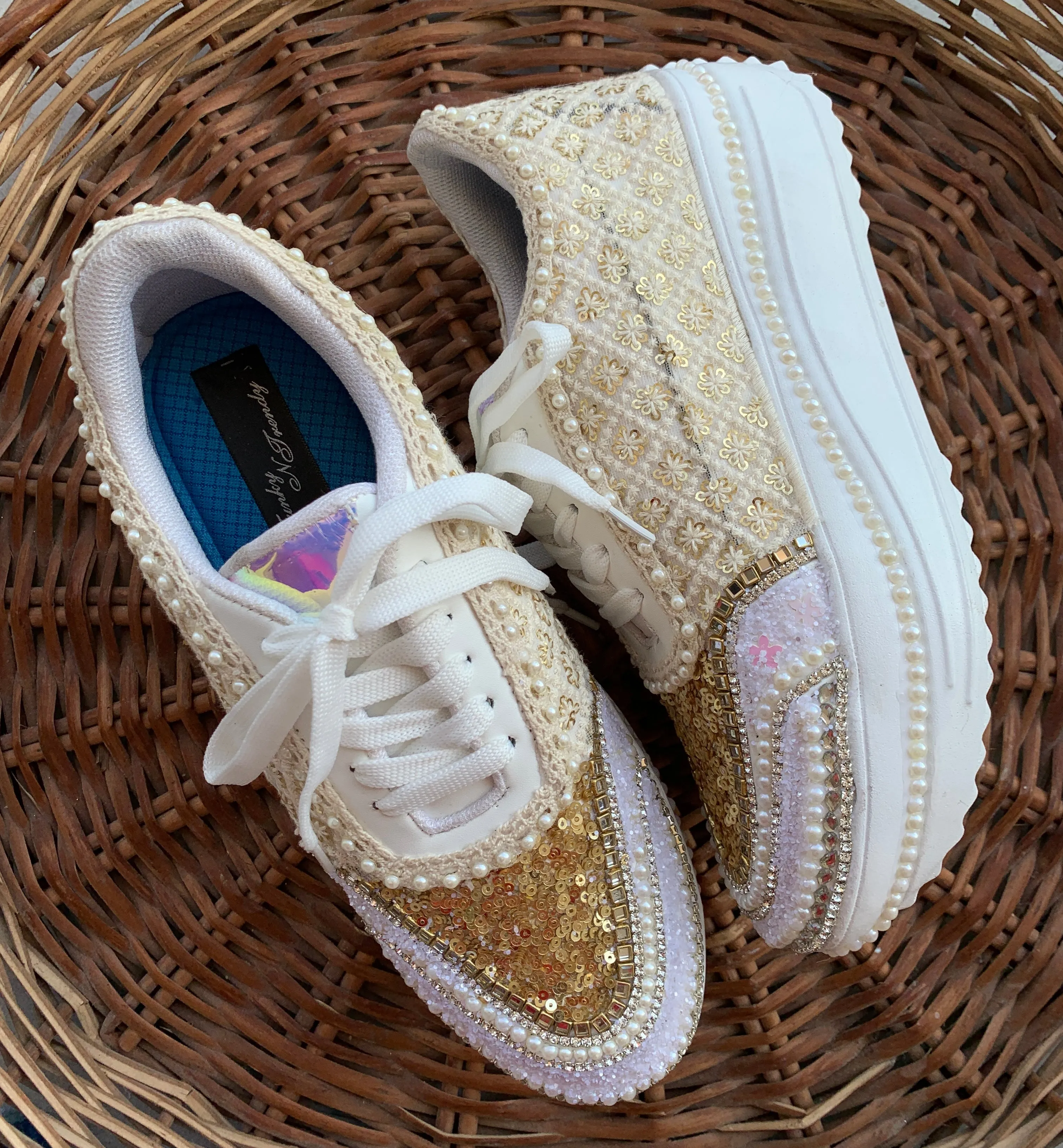 FUNKY N TRENDY ivory and gold bridal sneakers / bridesmaid sneakers/ golden sneakers / gold heeled sneakers / ivory sneakers/ gold sneakers