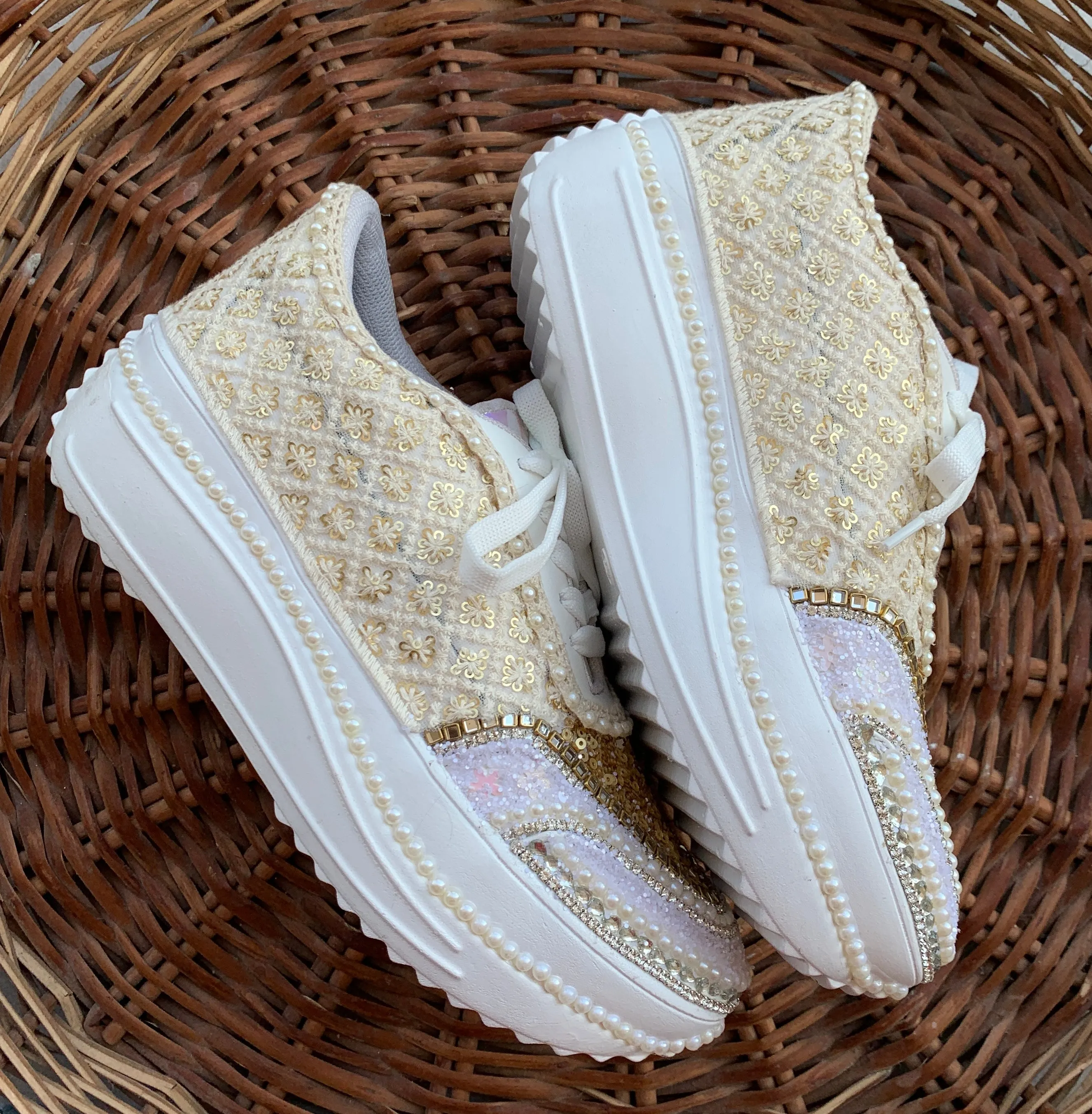 FUNKY N TRENDY ivory and gold bridal sneakers / bridesmaid sneakers/ golden sneakers / gold heeled sneakers / ivory sneakers/ gold sneakers